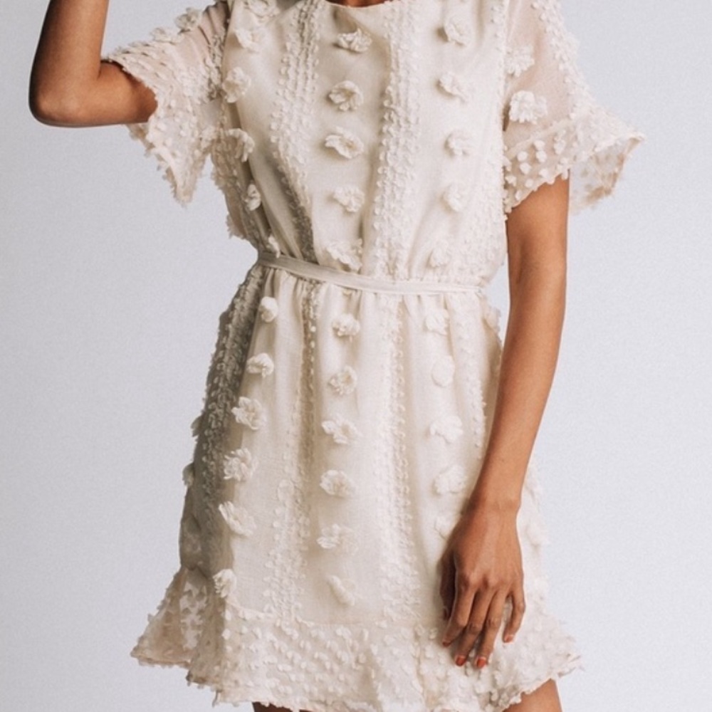 Clad & Cloth Merci Cream Pom Pom Ruffle Dress 352